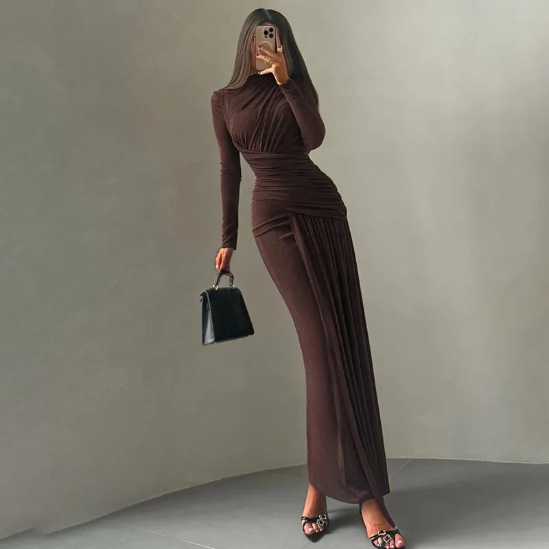 Long Sleeve Pleated Maxi Dress Elegant Woman Clothing Evening Wear Party Dresses Fall Winter