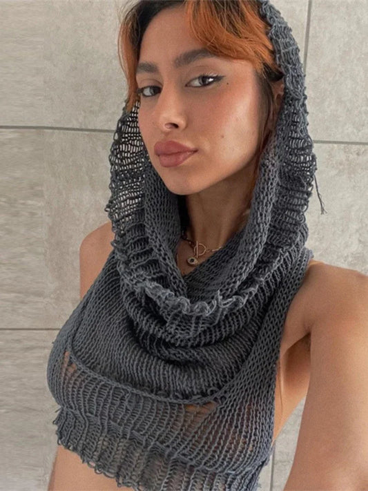Hooded Sleeveless Knitted Sweater Vest Streetwear Fashion Sexy Y2k Crop Top Autumn Clothes Women 2023