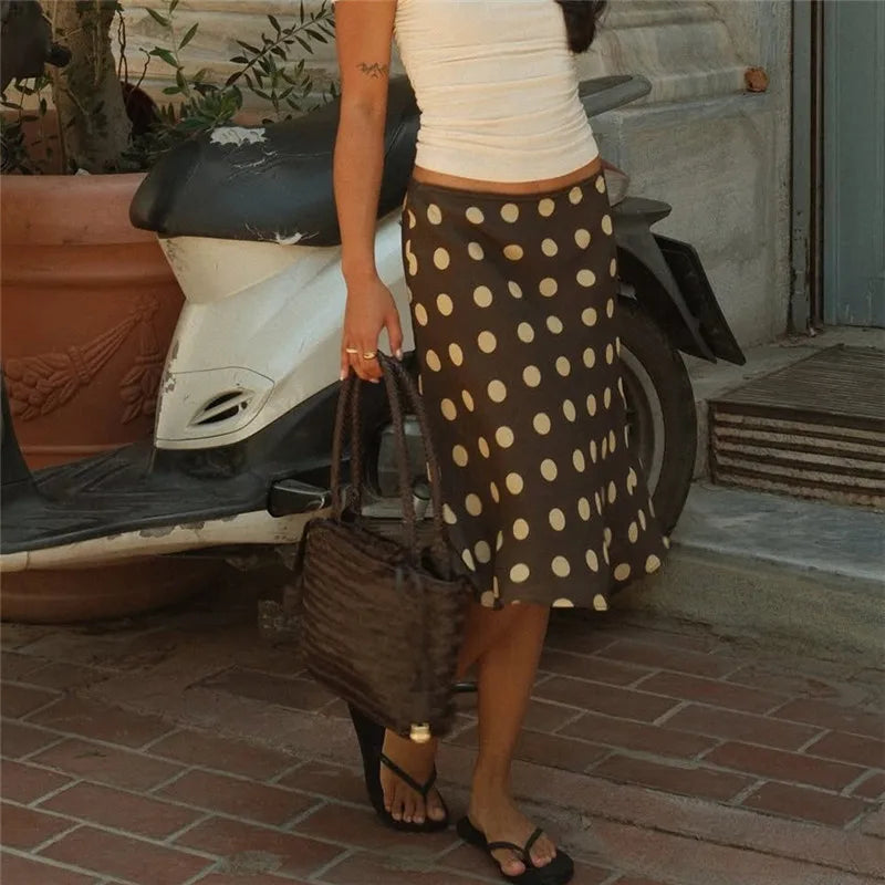 Women's Boho Polka Dot Midi Skirt High Waist Ruffle Hem Silky Satin Flared Skirt Beach Vacation Summer Casual Skirt