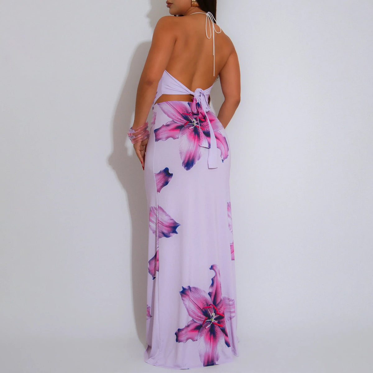 Women Two Piece Set Halter Open Back Crop Tops + Draped Cowl Neck Floral Print Slim Long Skirt Outfit for Party Vacation