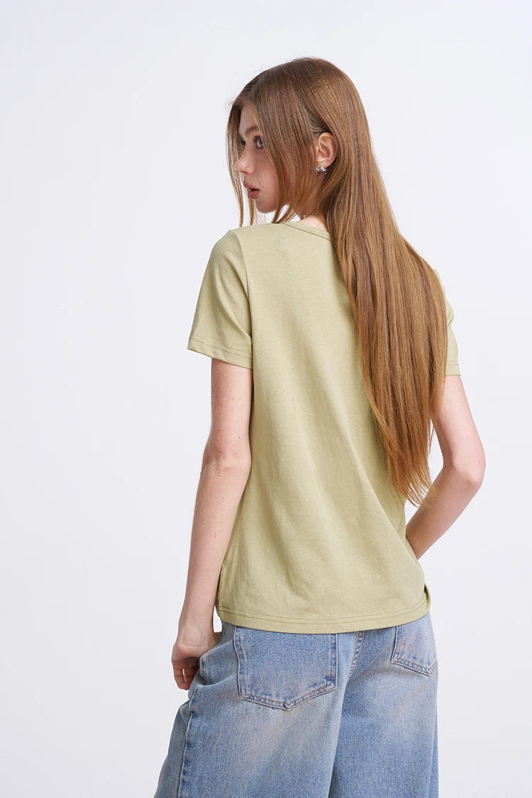 Solid Color Regular Shoulder U-Neck Versatile Slim Casual Crop Top T-Shirt for Women