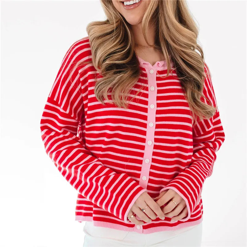 Casual Color Block Striped Knit Sweater Open Front Cardigan Round Neck Loose Oversized Long Sleeve Cropped Knitwear