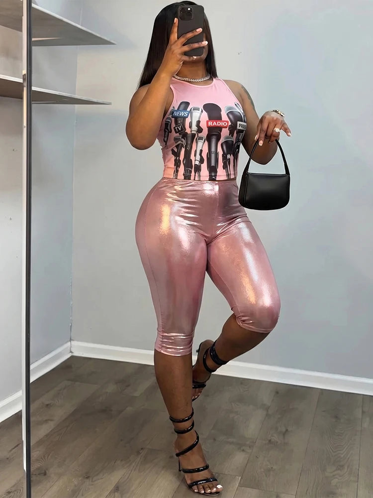 Sexy Fashion 2 Piece Set Woman Summer Trend o-Neck Shape Waist Tank Tops+Reflection Design Shorts Street Style Suits