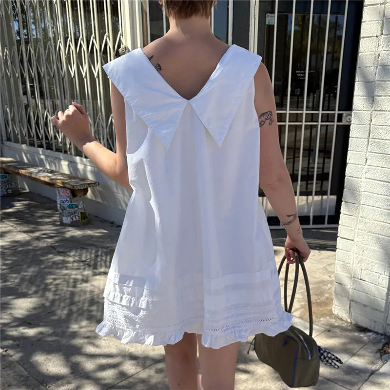 Preppy Cute Women Sleeveless Doll Dress Big Sailor Lapel Tie Bow Decor Eyelet Lace Ruffle Hem Street Summer Short Dress