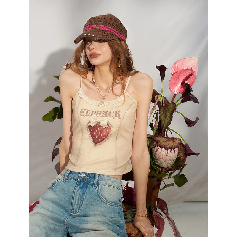 Strawberry Print Gothic Camisole, Lace Trim Adjustable Strap Cami, Sweet Cool Street Casual Top for Women