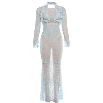 Fashion Sexy 2 Piece Set Woman Ruffles Edge Halter Bodysuits+Low-Neck Full Sleeve High Waist Long Dress See Through Suits