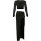 Fall Trend Women 2 Piece Set Chic Metal Buckle Ruched Long Sleeve Crop Tops+High Split Skirts Skinny Matching Suits