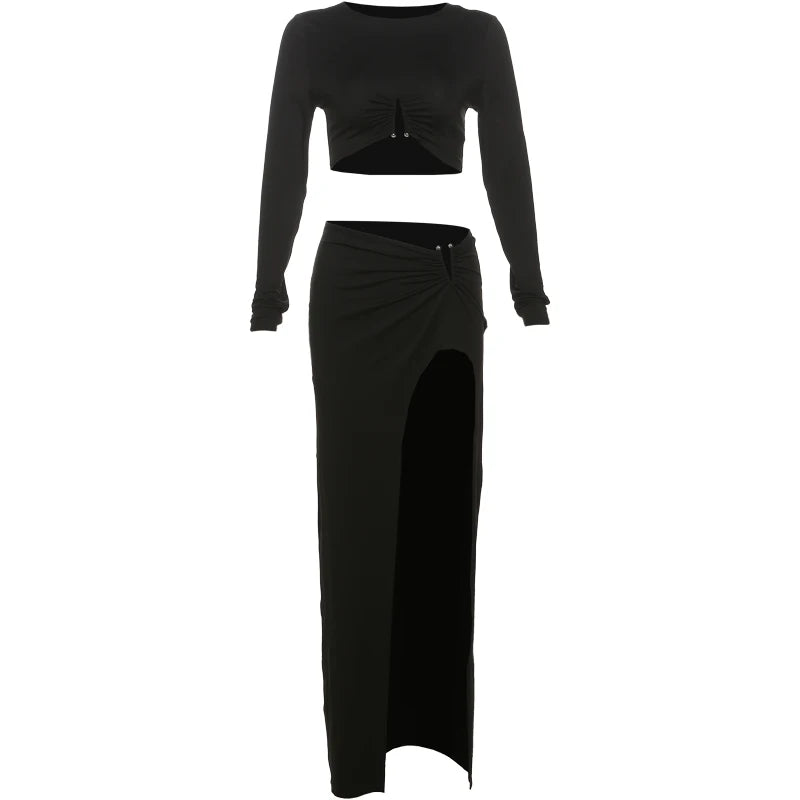 Fall Trend Women 2 Piece Set Chic Metal Buckle Ruched Long Sleeve Crop Tops+High Split Skirts Skinny Matching Suits