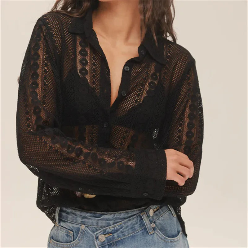 Vintage Long Sleeve Blouses Summer Casual Elegant Ladies Blusas Boho Beach Hollow Out Lace Blouse Shirt for Women Top