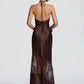 Women Halter Satin Maxi Dress Lace Trim Backless Bodycon Long Evening Party Dress Elegant Formal Wedding Guest Gown