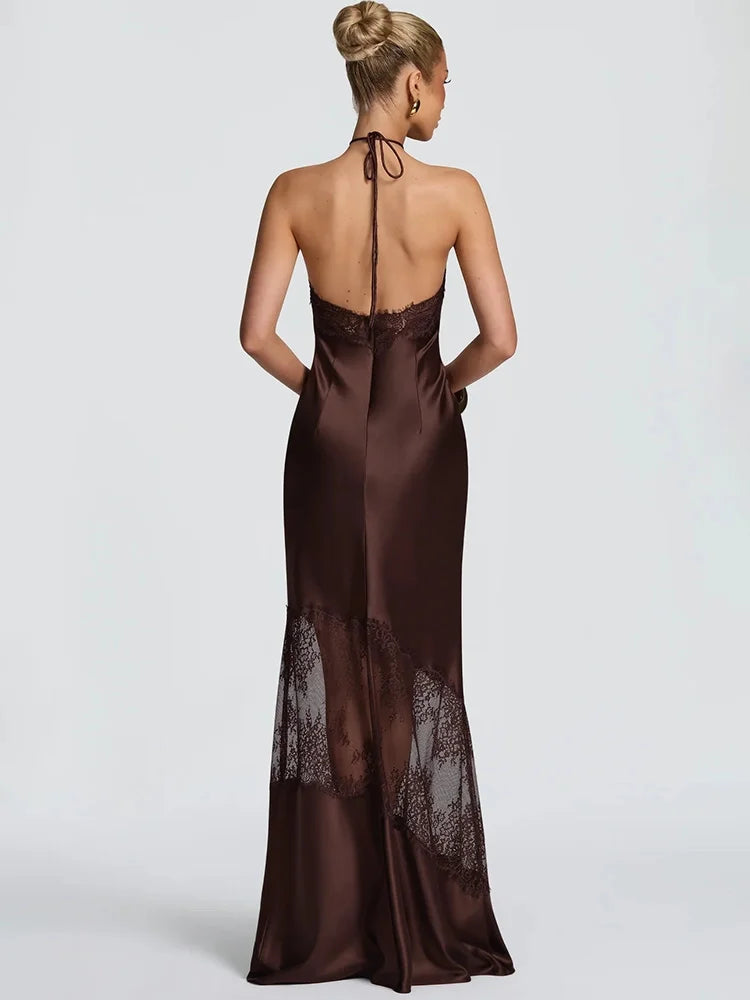 Women Halter Satin Maxi Dress Lace Trim Backless Bodycon Long Evening Party Dress Elegant Formal Wedding Guest Gown