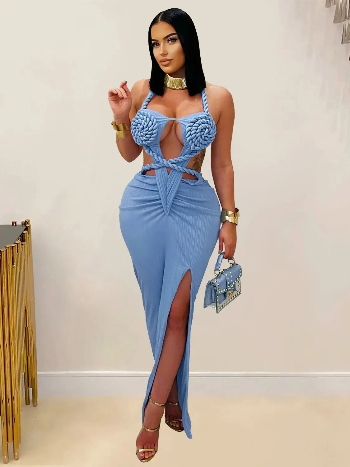 Sexy Plait Dress Women Summer Peach Buttocks Backless Sleeveless Split Hollow Midnight Party Clubwear Maxi Bodycon