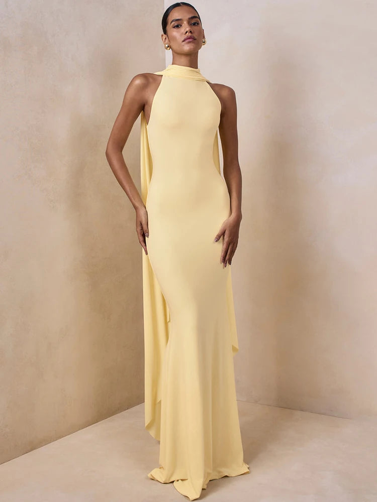 Women Sexy Mermaid Maxi Dress Halter Sleeveless With Flowing Cape Backless Bodycon Long Formal Evening Party Dress