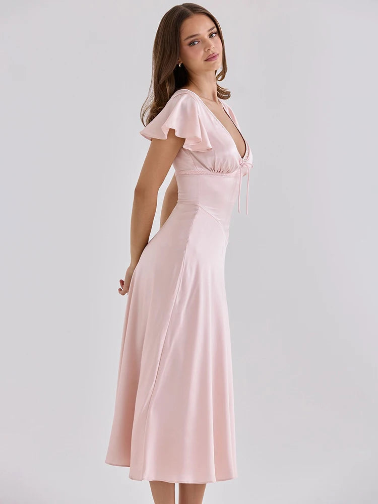 Women Satin Sexy Midi Dress Deep V Neck Lace Trim Ruffle Short Sleeve A Line Dress Wedding Guest Evening Party Dress