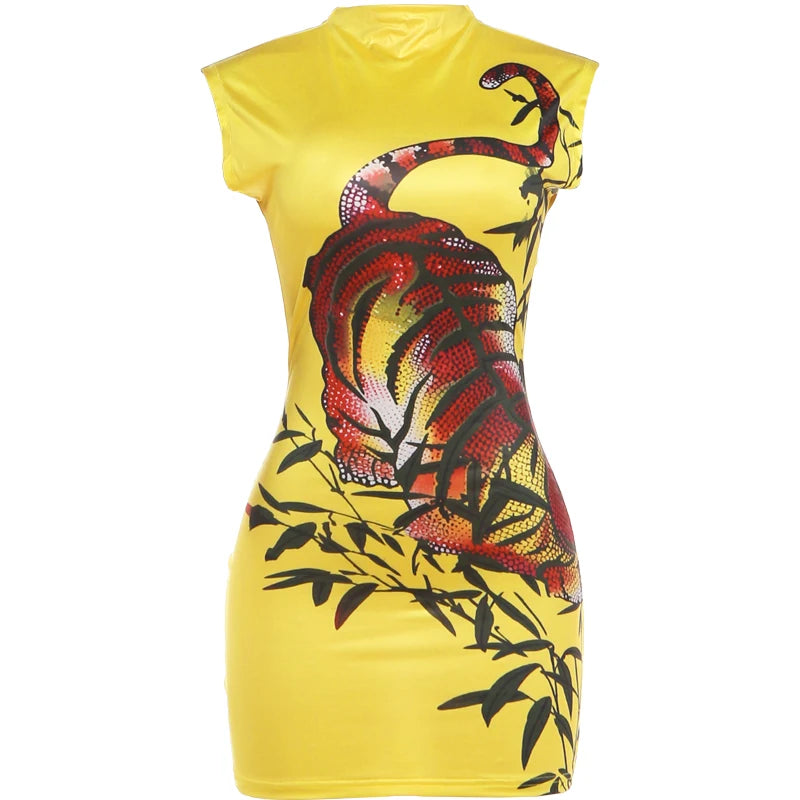 Hot Girls Sexy Skinny Wrap Hip Dress Woman Summer Trend Tiger Print Sleeveless Midnight Club Party Hipster Mini Bodycon