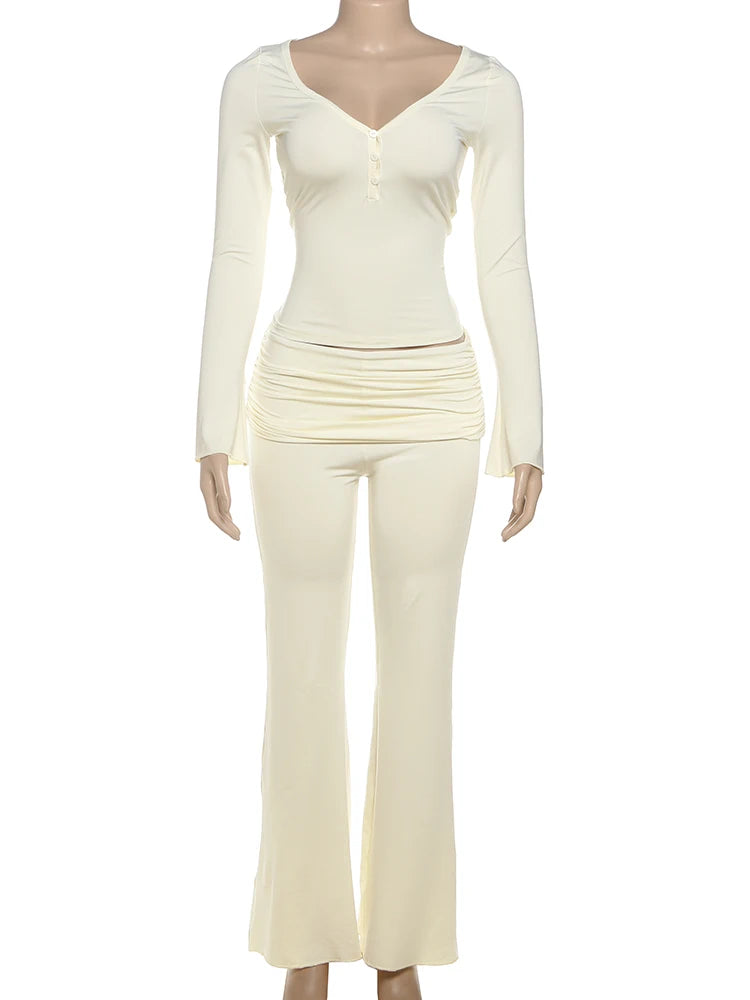 Casual Comfortable 2 Piece Set Women Button Low-Neck Full Sleeve Tops+Ruched Elastic Waist Pants Simple Style Outfits
