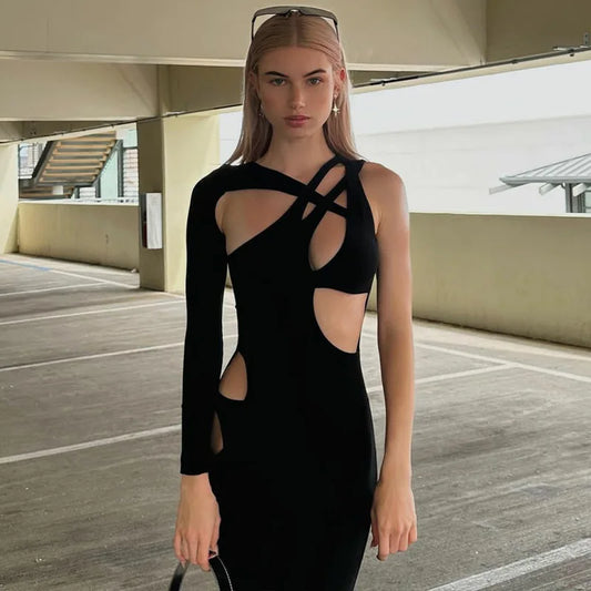 Asymmetric Hollow One Sleeve Jumpsuits Black Clubwear Outfits Fall Fashion Women 2023 Sexy One Piece Jumpsuit