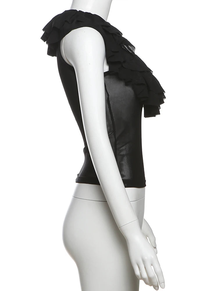 Tierred Low-Neck Tank Tops Women Y2K See Through Sleeveless Summer Trend Mesh Wild Basic Midnight Slim Clubwear Vest