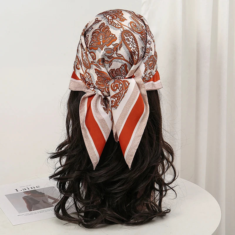Bohemian Style Floral Print Women’s Square Silk Scarf Satin Head Wrap Tropical Leaf Flower Design Scarves Bandana Hijab
