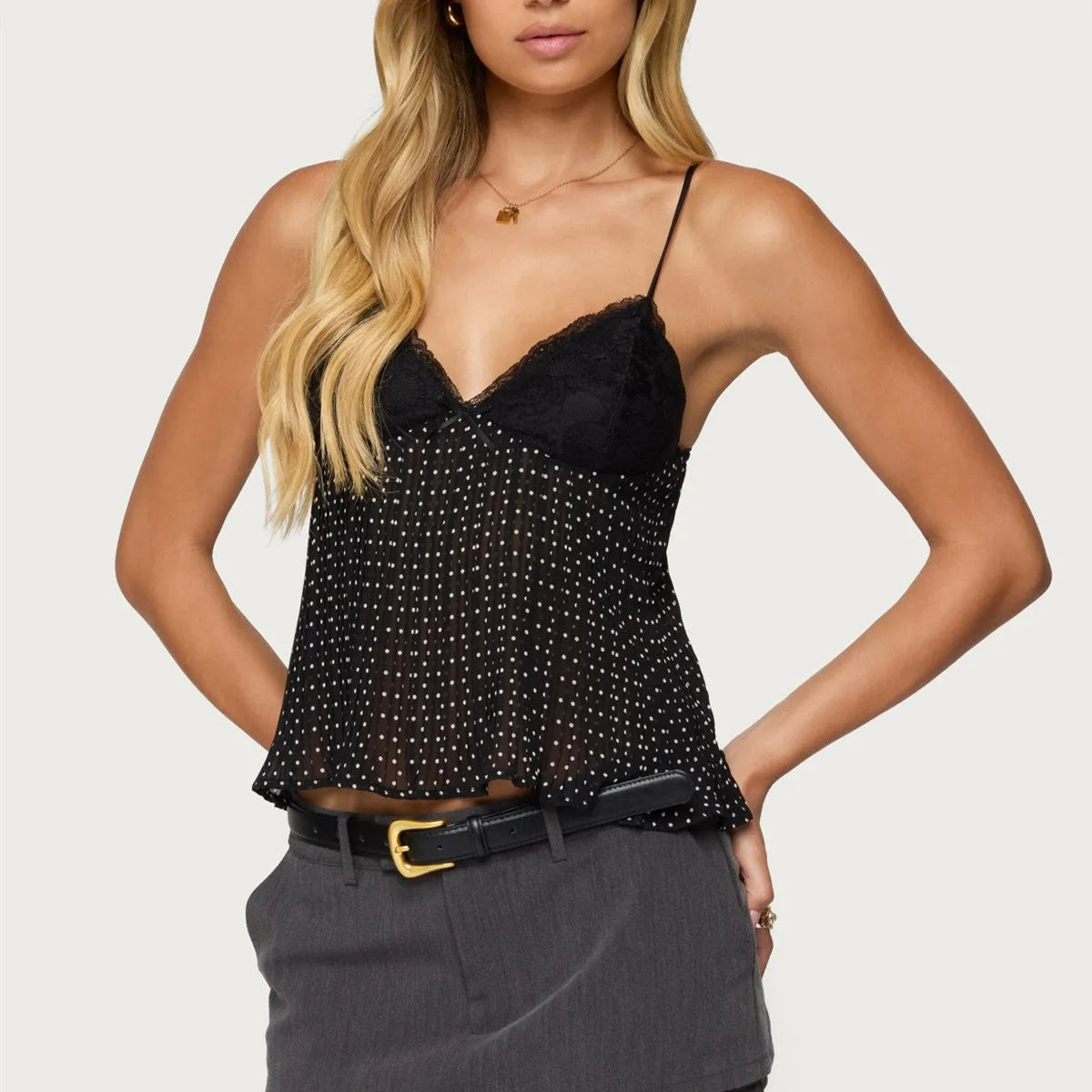 Lace Camisole for Women Sleeveless Spaghetti Strap Polka Dot Cami Tops Summer Shirt Party Club Night Out Casual Wear