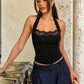 Lace Patchwork Vest Women Halter Low-Neck Skinny Sexy Midnight Hottie Classic Music Festival Elasticity Streetwear