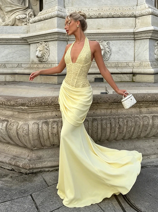 Patchwork Dress Women Fake Diamond Decoration Halter v-Neck Backless Folds Elegant Dinner Party Vacation Vestidos