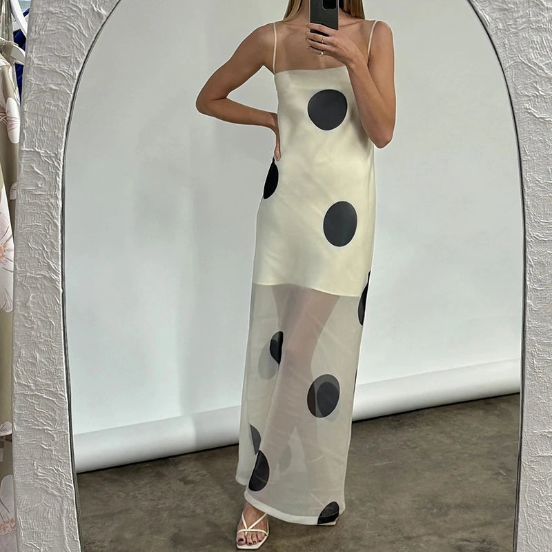 Women Polka Dot Maxi Dress Spaghetti Strap Sheer Mesh Long Dress Sexy Sleeveless Backless Elegant Summer Dresses