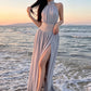 Beads Sequins Patchwork Dress Women Elegant Halter Ruched Sleeveless Split Fashion Beach Evening Party Club Bodycon