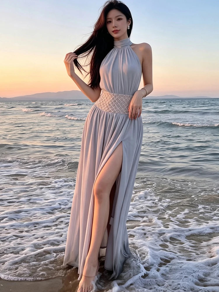 Beads Sequins Patchwork Dress Women Elegant Halter Ruched Sleeveless Split Fashion Beach Evening Party Club Bodycon