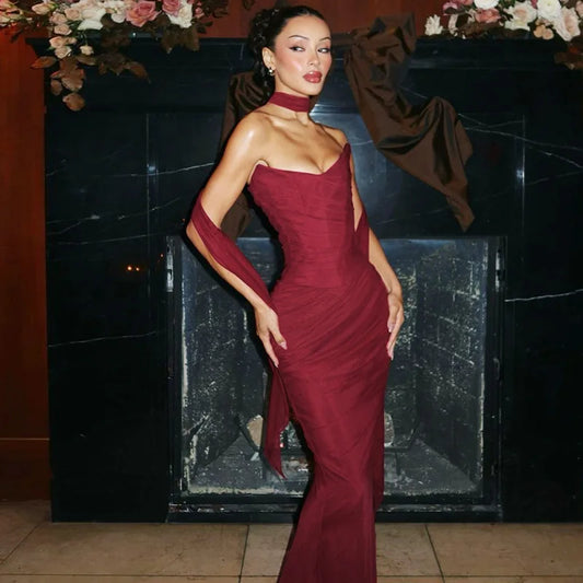 Sexy Two Piece Set Mesh Corset Top and Maxi Skirt Red Valentines Outfit Women Evening Party Dress Suits