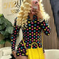 Colorful Polka Dot Print 2-Piece Set Women o-Neck Button Full Sleeve t-Shirt Fashion Suit +Elastic Waist Simple Short