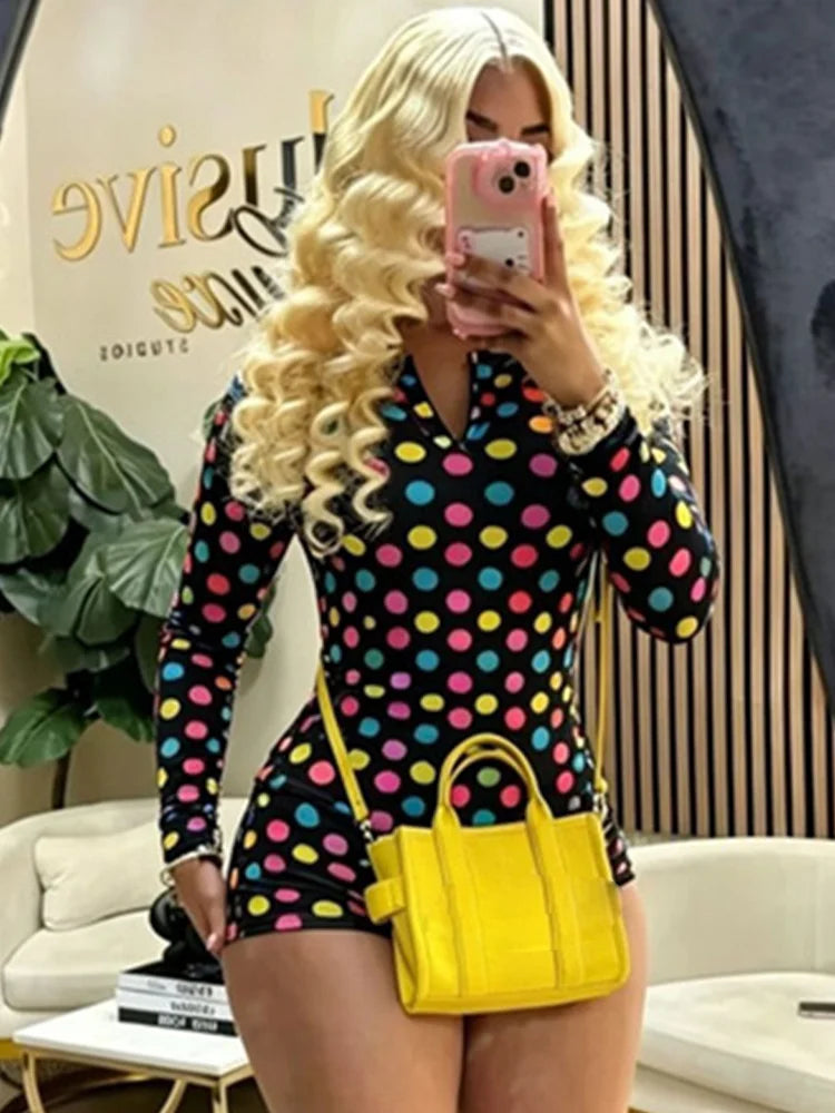 Colorful Polka Dot Print 2-Piece Set Women o-Neck Button Full Sleeve t-Shirt Fashion Suit +Elastic Waist Simple Short
