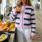 Women Fuzzy Mohair Knit Cardigan Striped Round Neck Button Front Cropped Sweater Long Sleeve Y2K Retro Streetwear Jacket