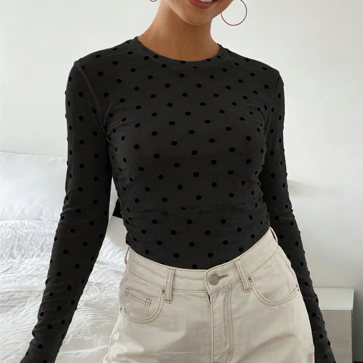 Women's Polka Dot Mesh Long Sleeve Top Sheer Slim Fit Crew Neck T-Shirt Y2K See-Through Casual Streetwear Blouse