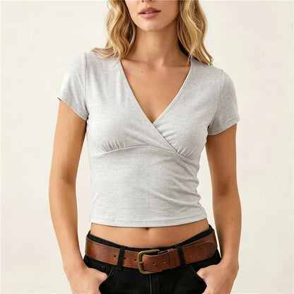 Solid Color Wrap V Neck Short Sleeve Crop T Shirt Women Stretchy Slim Waist Ruched Cropped Top Casual Summer Basic Tee