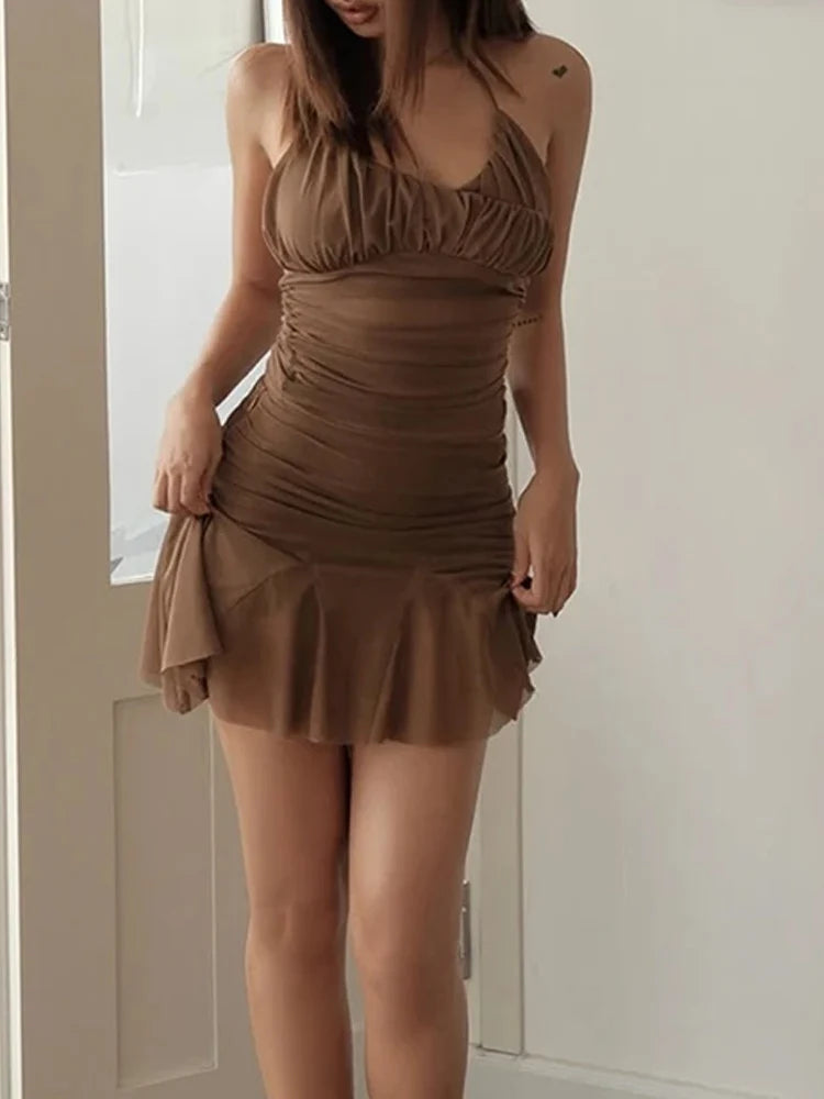 Backless Sexy Halter Dress Women Lace-Up Ruched Mesh Patchwork Tierred Hottie Stretch Solid Skinny Clubwear Mini Bodycon