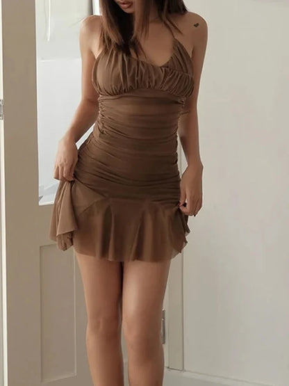 Backless Sexy Halter Dress Women Lace-Up Ruched Mesh Patchwork Tierred Hottie Stretch Solid Skinny Clubwear Mini Bodycon