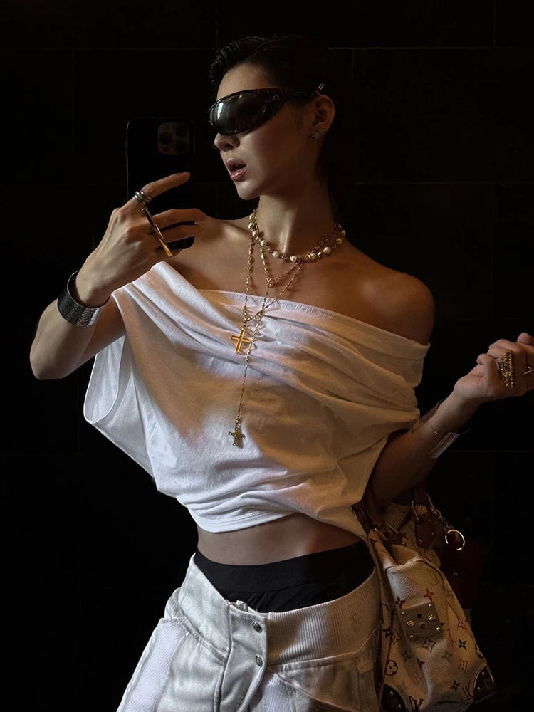 One Shoulder Crop Tops Women Folds Skinny Loose Summer Korean Style Simple Classic Casual Street Daily Harajuku Tops