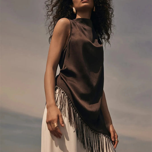Women's Summer Fashion High Neck Asymmetrical Fringed Tanks Tops Sleeveless Solid Color Ruched Tassel Hem Slim Fit Vests