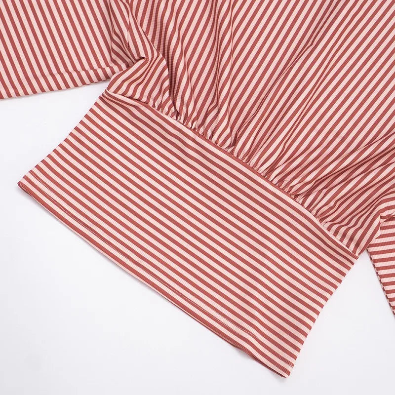 Off Shoulder Striped Fitted Long Sleeve Top with Ruched Waist Fall Woman's Clothes Casual T Shirts