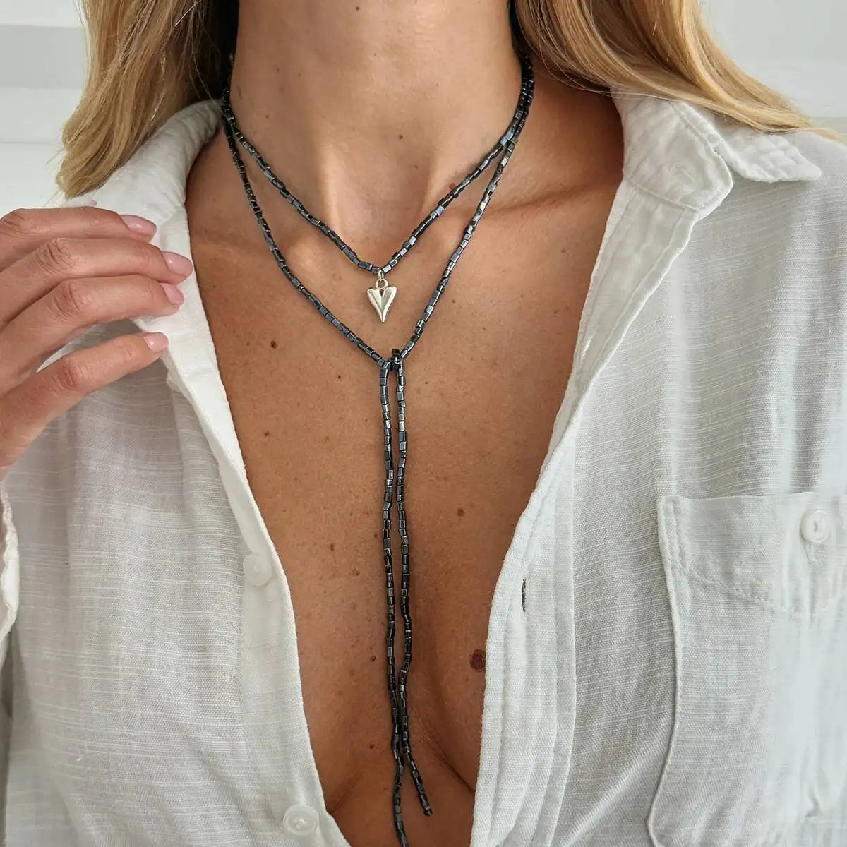 Adjustable Long Chain Necklace for Women, Sexy Stackable CCB Beads, OT Buckle, Love Heart Pendant, Choker Sweater Jewelry