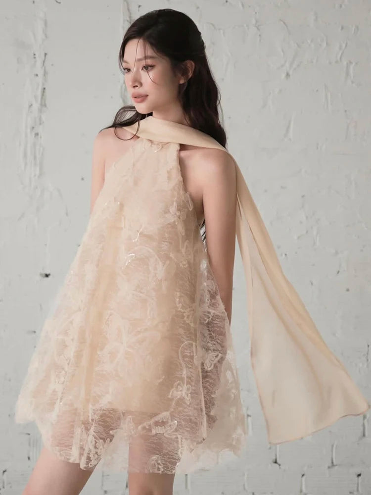 Jacquard Scarf+Dress Women Patchwork Cross Bandage Backless Elegant Banquet Birthday Party Sleeveless Mini Bodycon