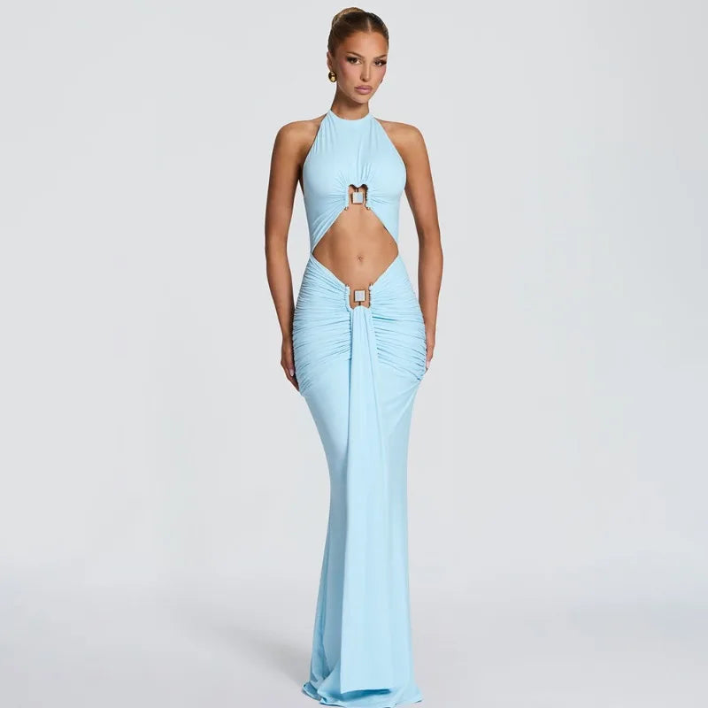 Front Cut-out Hardware Halter Maxi Dress Sexy Elegant Black Party Dresses for Woman Clothing