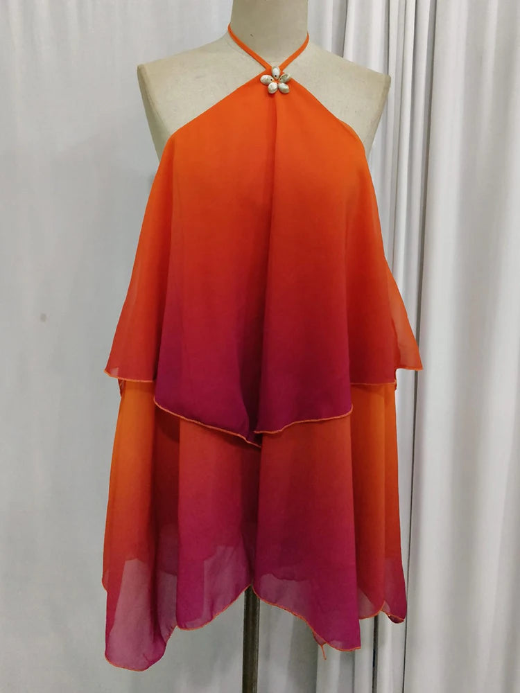 Gradient Halter Backless Sexy Mini Dress Women Gown Elegant Mesh Zipper Off-shoulder Sleeveless Club Party Dresses