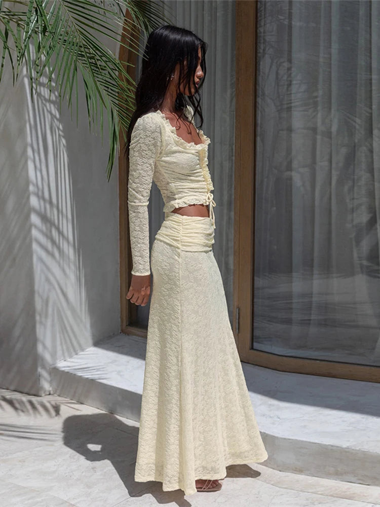 Creamy Color Style 2 Piece Set Women Ruffles Low-Neck Shirring Crop Tops+Ruched Waist Long Skirts Street Elegant Suit