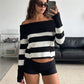 Women Off Shoulder Striped Knit Sweater Long Sleeve Distressed Ripped Hollow Out Loose Pullover Y2K Street Knitted Top