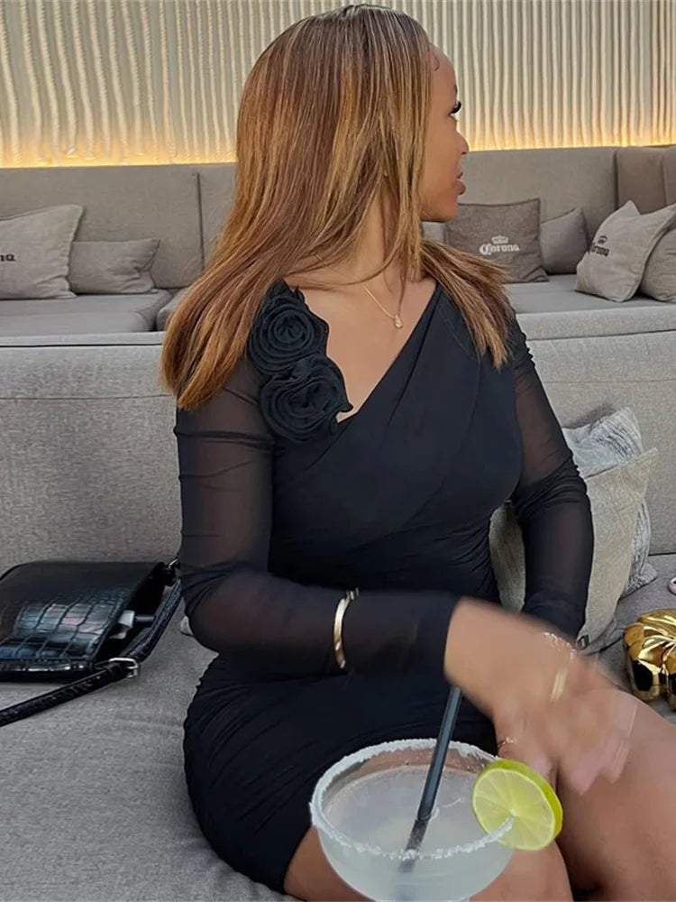 Patchwork Mesh Sexy Dress Women 3D Flowers Folds Slanted Collar Elastic Midnight Autumn Trend Party Clubwear Bodycon