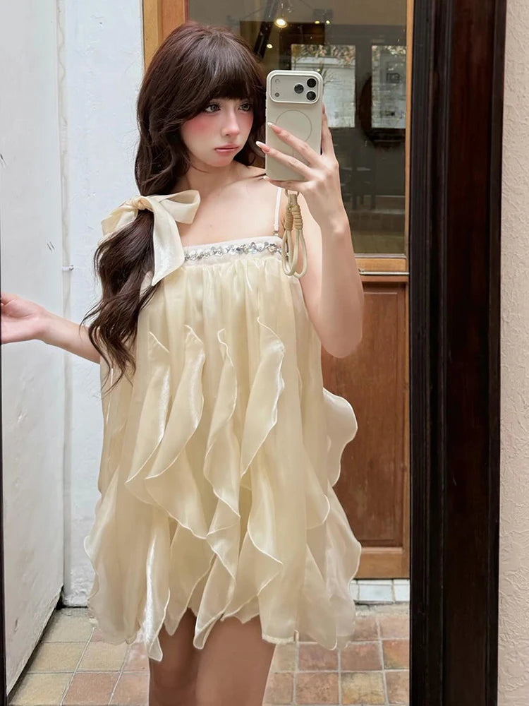 Sequin Dress Women Ruffles Tassel Glitter Sweet Birthday Beach Party Sleeveless Vacation Summer Fashion Mini Bodycon