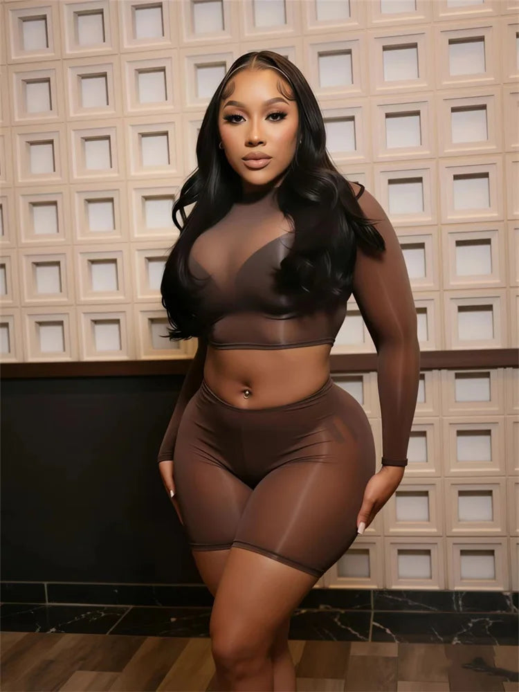 Sexy  See Through 2-Piece Set Women Full Sleeve o-Neck Crop Tops+Simple Elastic Waist Short Slim Midnight Hottie Suit