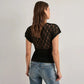 Black Lace Sheer V Neck Crop Top with Short Cap Sleeves Sexy T Shirts Fashion 2026 Woman Clothing